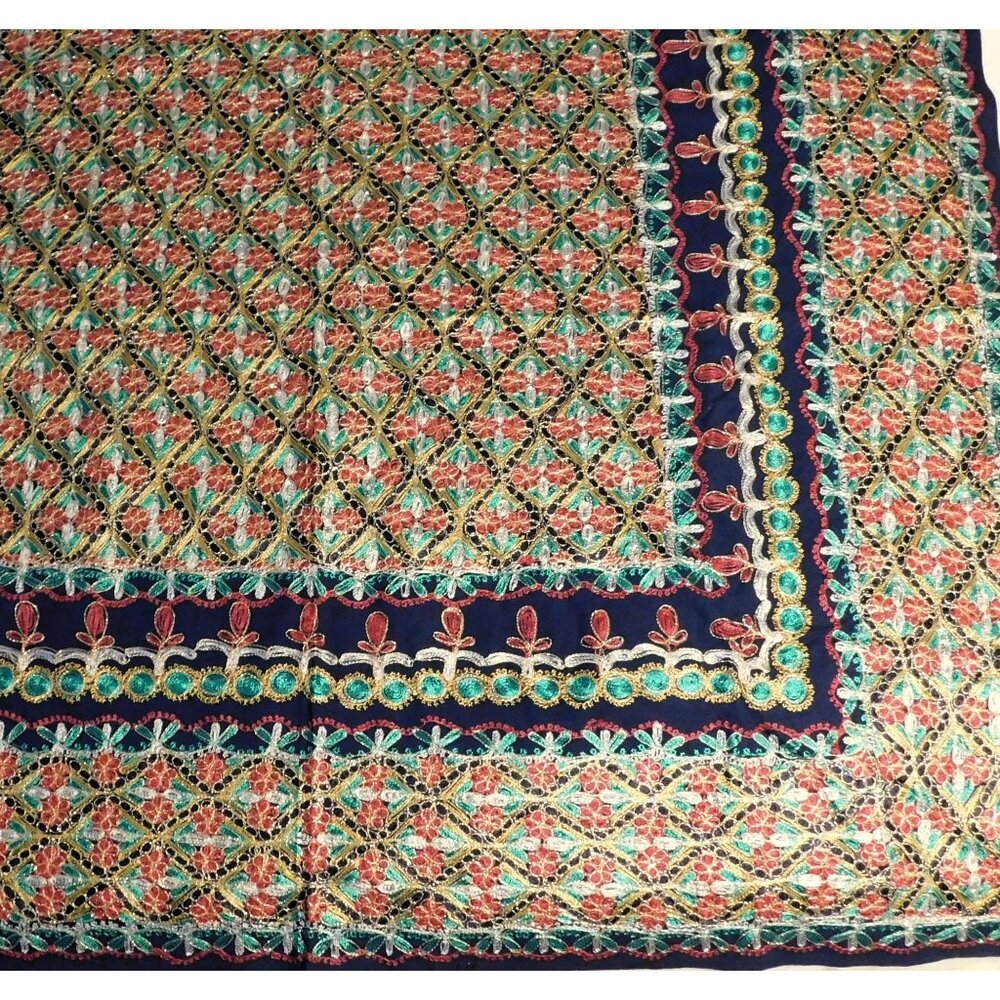 Aghabani Tablecloth & 12 Napkins Set Multicolor Embroidered on Blue 96x56 Inches - Picture 3 of 14